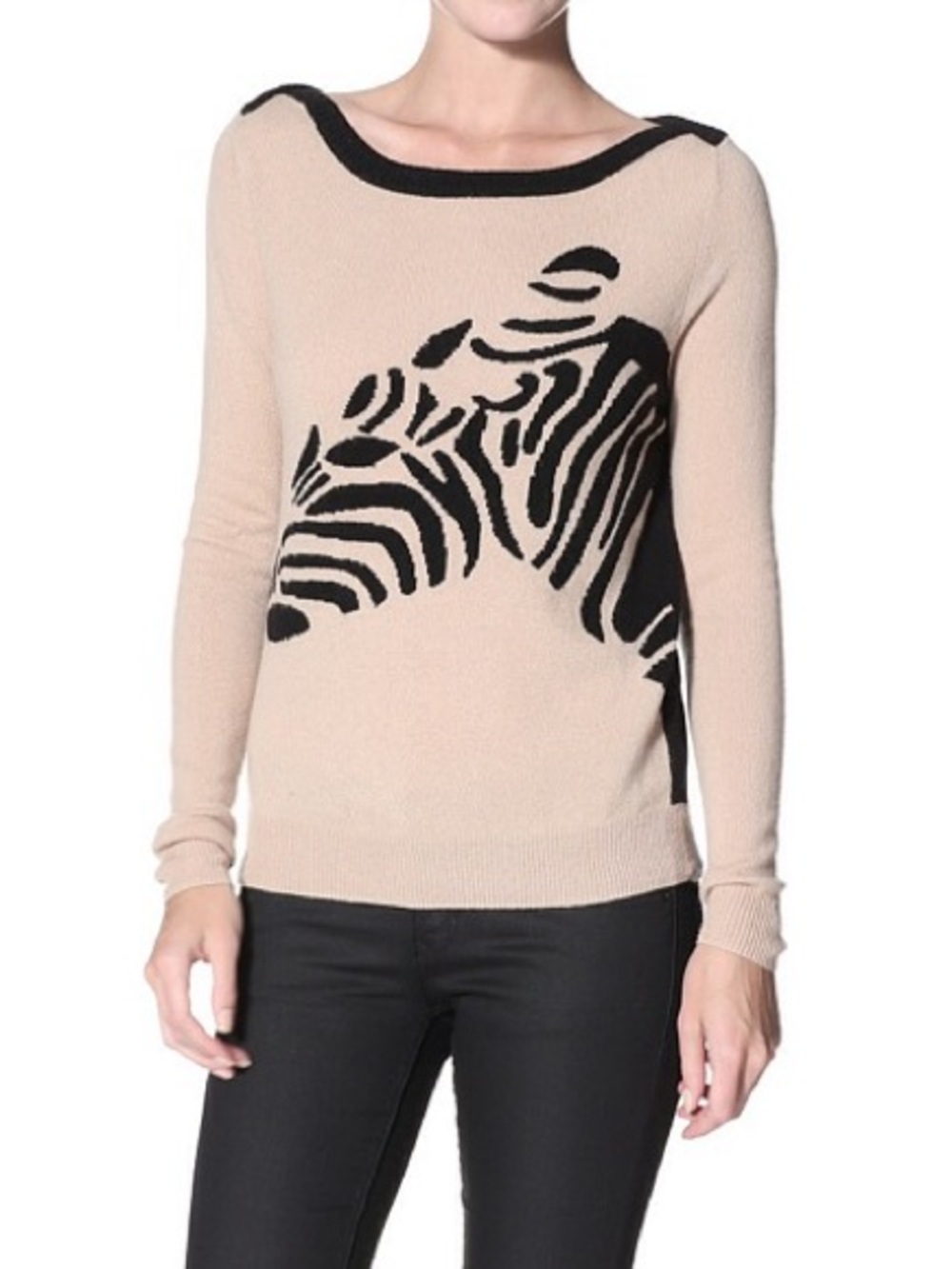 Pristine Shae NY Cashmere Zebra Intarsia Sweater 100% Cashmere Beige Black Sz S